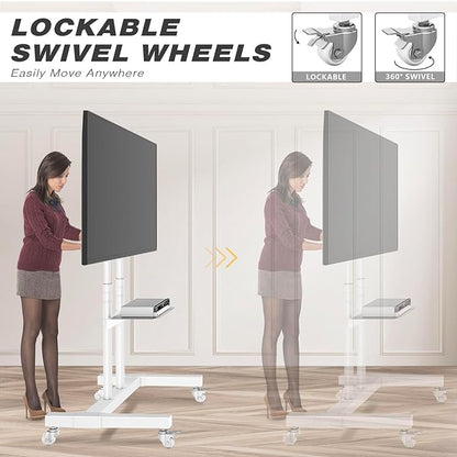 TVON Upgraded Mobile TV Stand on Wheels for 32-80 inch Flat Screen/Curved TVs up to 110 lbs, Height Adjustable Mobile TV Cart with Metal Laptop Shelf, Rolling TV Stand for Home and Office Use,White