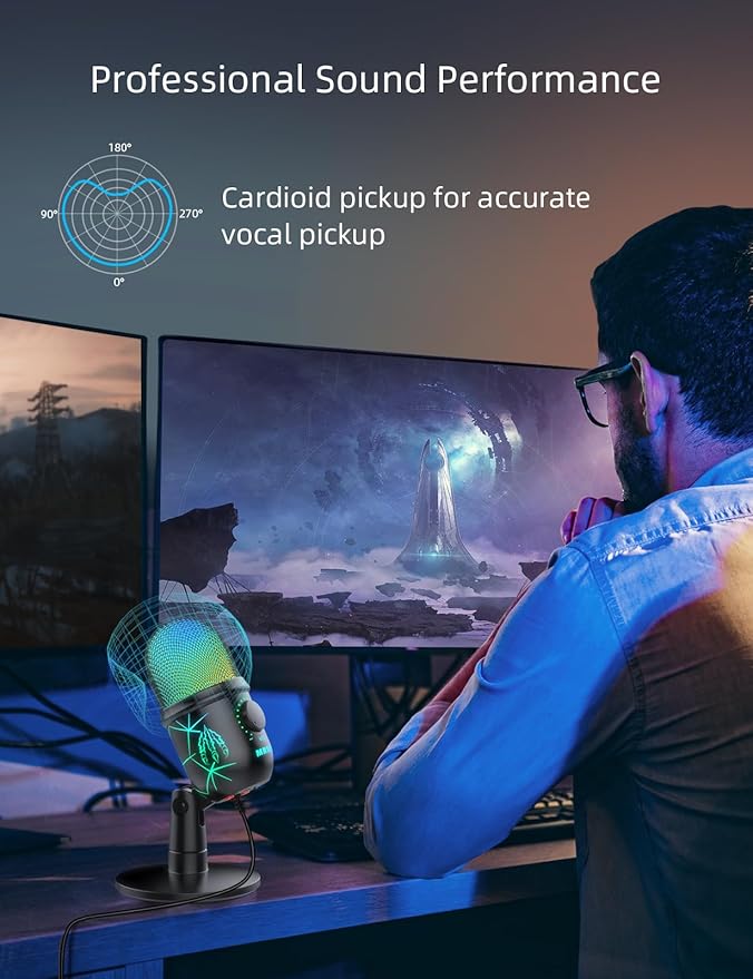 USB Gaming Microphone for PC, Mac, PS4, PS5, Computer Mic with Noise Reduction, Monitor, Mute and RGB, Great for Recording, Streaming, Podcasting