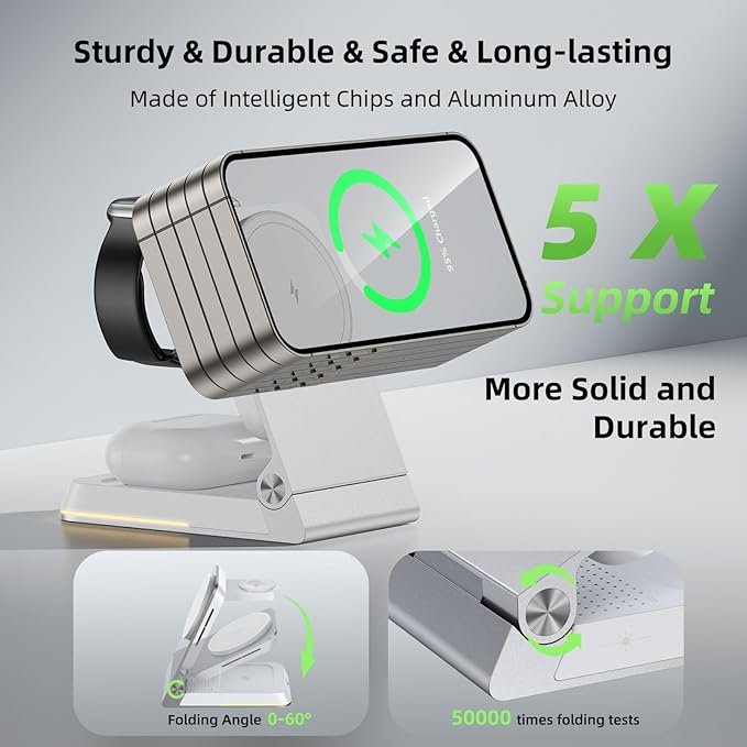 Aluminum 3 in 1 Wireless Charging Station,Foldable Wireless Charger for Apple Magsafe with Light,Portable Travel Magnetic Charger Stand for iPhone 16/15/14,Watch,Airpod, Include PD 20W Adapter & Case