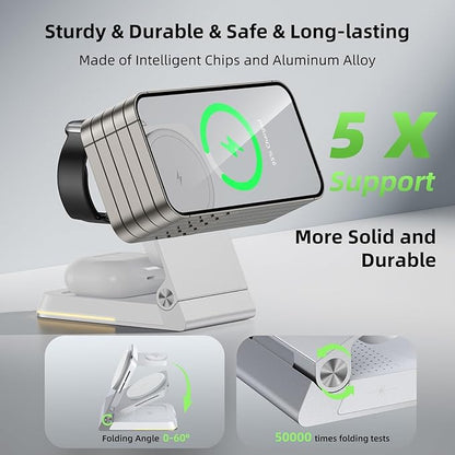 Aluminum 3 in 1 Wireless Charging Station,Foldable Wireless Charger for Apple Magsafe with Light,Portable Travel Magnetic Charger Stand for iPhone 16/15/14,Watch,Airpod, Include PD 20W Adapter & Case