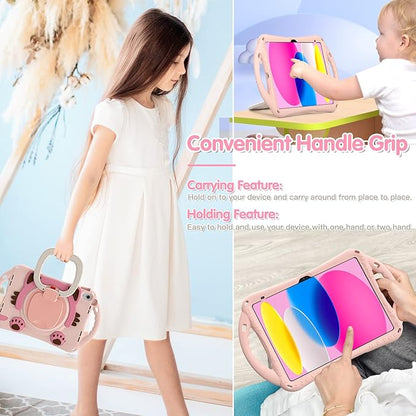BRAECN Cute Cat Case for iPad (A16) 11th/10th Generation 11”/10.9'' 2025/2022, Silicone Kids Boys Girls Case with Pencil Holder, Carrying Shoulder Strap, 360°Rotating Handle Grip, Kickstand -Pink