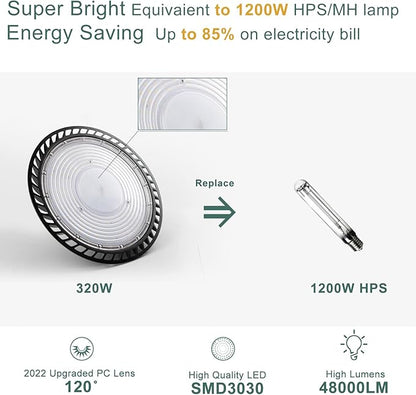 ACOHOOK Smart 320W LED High Bay Light with Motion Sensor, 48000lm (Eqv.1200W MH/HPS) High Bay LED Shop Light 100-277V Commerical Grade UFO Lights（Remote Buy Separate）
