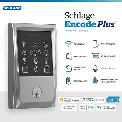 Schlage BE499WB CEN 625 Encode Plus WiFi Deadbolt Smart Lock, Keyless Entry Touchscreen Door Lock with Century Trim, Bright Chrome