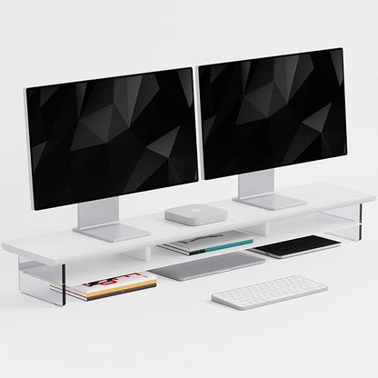 FENSULN Dual‑Tier Monitor Stand for Modern Desk Setup – Minimalist Wooden and Metal Riser Shelf with Transparent Acrylic Feet for Dual Monitors, Laptops, Home Office Aesthetic，White