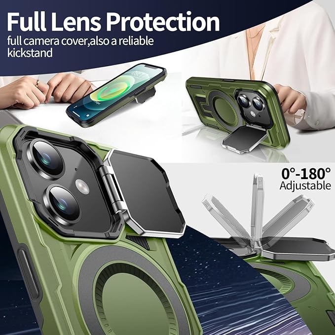 Camera Stand Case for iPhone 12/12 Pro, [Compatible with Mag Safe] [Lens Cover] 2024 Version Military Grade Protective Soft Case for iPhone 12/12 Pro 6.1 inch Men Women, Green