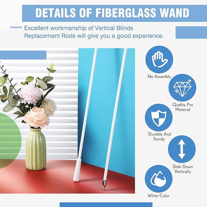 Bokon 2 Pieces White Fiberglass Blind Wand Vertical Blinds Stick Replacement with Hook and Handle for Window Opener Accessory(48 Inch)