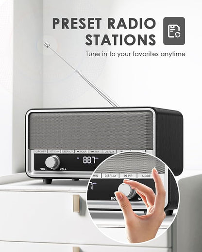 Vintage Wood AM FM Clock Radio with Bluetooth, Digital Clock Radio for Bedroom with LCD Display | 40 Presets | Sleep Timer | No Alarm, Retro Bluetooth Speaker for Office,Home, Kitchen (Black)