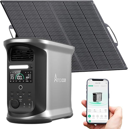AMPACE Andes 1500 Portable Power Station with 100w Solar Panels 2400W(Surge 3600W), 1462Wh Solar Generator, LiFePO4 Battery, APP Control, Emergency Power for Home Backup, Camping, RV, Emergency