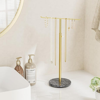 Josmimic Gold Necklace Holder Jewelry Organizer Stand – Adjustable Height T‑Bar Jewelry Display with Dark Gray Marble Base, Necklace & Bracelet Holder, Countertop Jewelry Stand