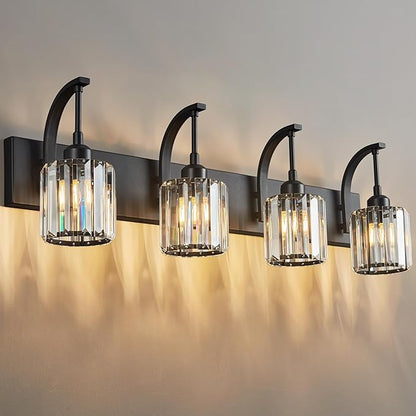 FDPBY 4-Light Crystal Vanity Light, Modern Black Bathroom Wall Sconce with K9 Crystal Shades, 32.67" Long Over Mirror Lighting for Vanity, Makeup, Hallway, Elegant & Easy Install