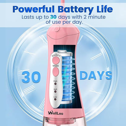 WellLeo Water Flosser for Teeth, Portable Oral Irrigator Rechargeable Water Dental Flosser Pick with High Pressure 5 Jet Tips, IPX7 Travel Water Flossing for Brace Teeth Cleaner Gum Care