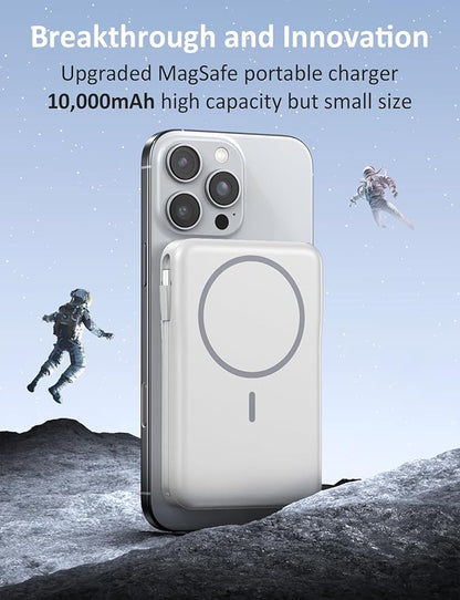 Magnetic Portable Charger, 10000mAh Power Bank, 5 in 1 Portable Charger with Built in Cable, 20W Fast Charging for Magsafe Battery Pack Compatible with iPhone 16/15/14/13 Pro/Pro Max, Samsung Series