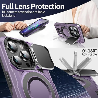 Camera Stand Case for iPhone 13 Pro, [Compatible with Mag Safe] [Lens Cover] 2024 Version Military Grade Protective Soft Case for iPhone 13 Pro 6.1 inch Men Women, Purple