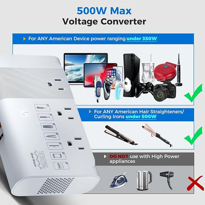 [Game-Changer] DOACE 500W Max 220V to 110V Converter, 50Hz to 60Hz Voltage Converter for European Travel, 100% Pure Sine Wave Power Converter US to Europe for CPAP Hair Straightener Laptop Cell Phone