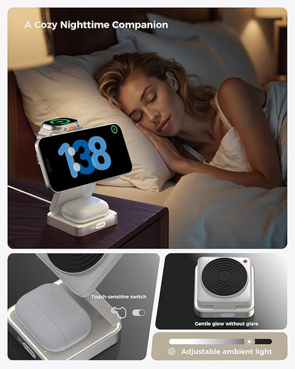 SoFlame 3 in 1 Magnetic Wireless Charging Station for Mag-safe Charger, Foldable Travel Charger with Night Light, 15W Fast Charging Stand with 25W Adapter, for iPhone17-12, Apple Watch, AirPods -Beige