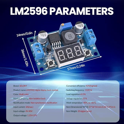 Seloky LM2596 Adjustable DC-DC Step-Down Buck Converter Module with LED Voltmeter Display, Voltage Regulator 4.0-40V Input to 1.25-37V Output Power Supply Module (Pack of 10)