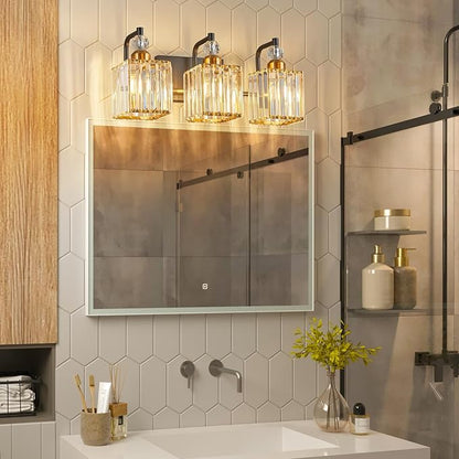 BBLLWJ Bathroom Vanity Lights 3-Light Bathroom Light Gold Brushed Brass Finish Crystal Vanity Light Fixtures Modern Black and Gold Bathroom Light Fixtures Over Mirror