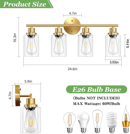 Guliaofo 4-Light Gold Bathroom Light Fixtures, E26 Modern Vanity Lights for Bathroom with Clear Glass Shade, Wall Lamps for Mirror Hallway Kitchen Cabinet Living Room Sconces Lights