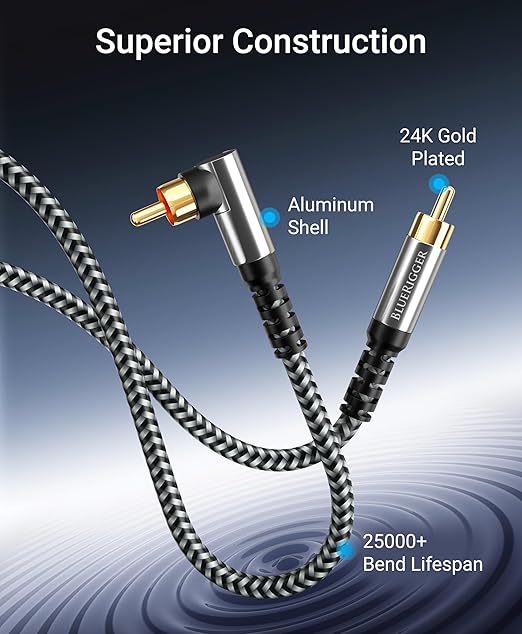 BlueRigger Subwoofer Cable 90D (25FT, RCA Audio, Dual Shielded, Gold Plated, Right Angled Male RCA Connectors) – Compatible with Subwoofer, Amplifier, Home Theater