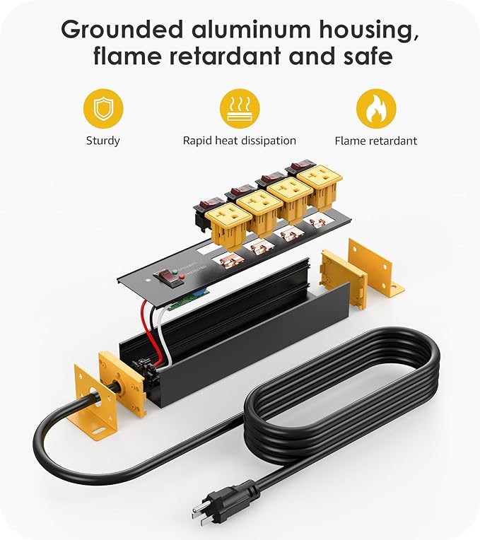 CCCEI Heavy Duty Surge Protector Power Strip 20 Amp Individual Switches. 12FT 12 Gauge Extension Cord with Multiple Outlets. Kitchen, Garage, Shop, Industrial Wall Mount Electric Extender, Yellow.