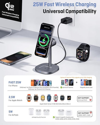 Augnner 3 in 1 Wireless Charging Station, Qi2.2 25W Certified Fast Magnetic Charger, Mag-Safe Wireless Charger Stand with TEC Active Cooling, for iPhone17/16/15/14/13/12, Apple Watch/AirPods