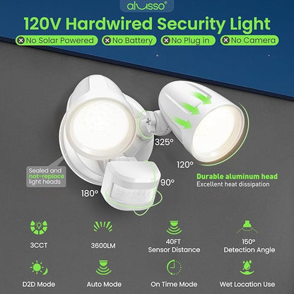 ALUSSO Motion Sensor Outdoor Lights Metal Heads, 30W Flood Lights Outdoor 3600LM, 3 Modes Dusk to Dawn/Auto/On Time, 3000K 4000K 6500K Adjustable, Hardwired Security Light ETL Listed, White 1PC