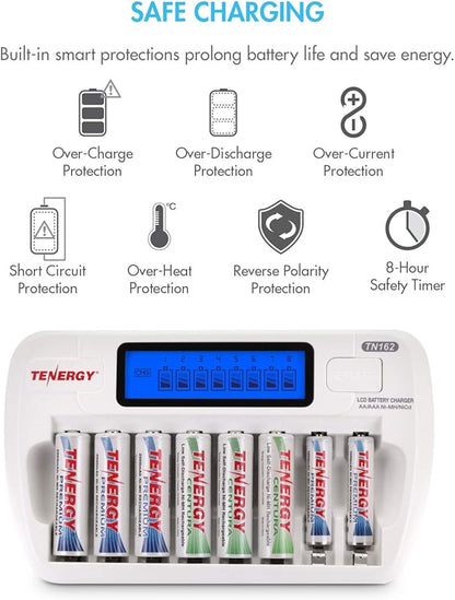 Tenergy AA/AAA Rechargeable Battery and Charger Combo TN162 - 8-Bay Smart LCD NiMH/NiCd Charger With 8 AA & 8 AAA Batteries