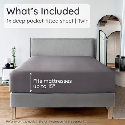 Bambaw 100% Viscose Derived from Bamboo Fitted Sheet Twin Size, 15’’ Deep Pocket, Twin Fitted Sheet Cooling with Corner Straps (Dark Gray)