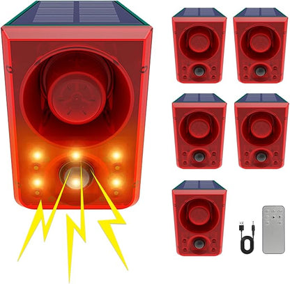 ChunHee Solar Outdoor Motion Sensor Alarm with Dog Barking Gunshot Sound, Support Recording and Adjustable Volume, 130db Loud Noise Maker 3 Work Modes Strobe Light for Home, Villa, Farm, Barn (6pack)