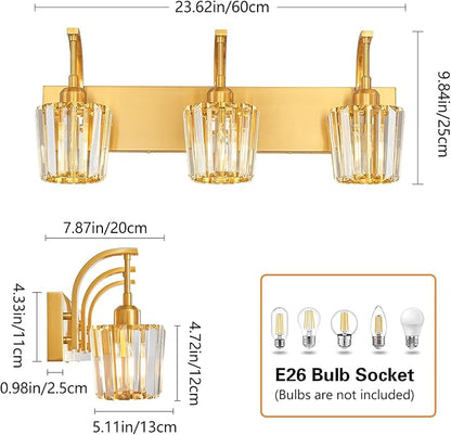 FDPBY Modern Bathroom Vanity Light, 3-Light Gold Wall Sconce with Crystal Accents, Over Mirror Bathroom Lighting Fixture, 23.62" Long Dimmable Vanity Lamp for Makeup, Easy Installation