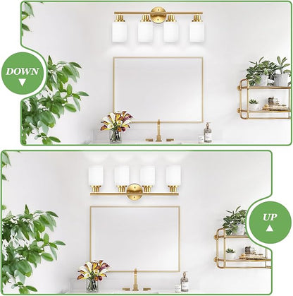 Guliaofo 4-Light Vanity Lights, Brushed Gold Bathroom Light Fixture with Striped Textured Milky White Glass Shade, Modern Vanity Lighting Fixture for Bathroom Wall Light Over Mirror, E26 Wall Sconce
