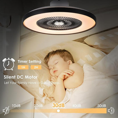 HUMHOLD 24" Bladeless Ceiling Fans with Lights and Remote/APP Control, Low Profile Ceiling Fan with 3-Dimmable Lights, Enclosed Flush Mount Ceiling Fan for Kid's Bedroom/Living Room