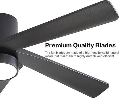 WINGBO 54 Inch Flush Mount DC Ceiling Fan with Lights and Remote, 5 Reversible Carved Wood Blades, 6-Speed Noiseless DC Motor, Hugger Ceiling Fan in Black Finish, Low Profile Ceiling Fans, ETL Listed