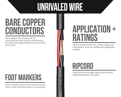 Voltive 14/2 Speaker Wire, Riser CL3R, Black, 500ft - 14AWG, 2 Conductors, Stranded Oxygen-Free Copper, UL Listed - V-1268-1