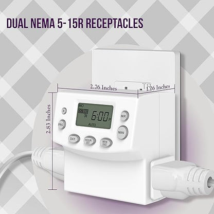 ENERLITES Heavy Duty Programmable Digital Plug-in Timer for Electrical Outlets, Timer Outlet for Lights, Lamps, Grounded Outlet, 7 Day Random, 120V 15A 1200W, HET07, White, 1 Pack