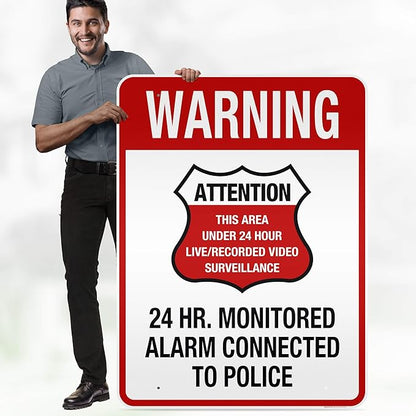 Warning 24 HR. Monitored Alarm Connected To Police Sign, 36x48 Inches, Reflective, Rust Free DiBound, Fade Resistant, Made in USA by My Sign Center
