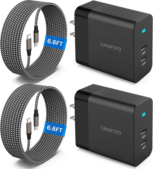 2Port 45W Super Fast Charger Type C, 2Pack 45W USB-C Charger Android Phone Charger Fast Charging for Samsung Galaxy S24 Ultra/S24+/S24/S23 Ultra/S23+/S22/S20/Note10+/Tab S9 with 2X 6.6ft Type C Cord