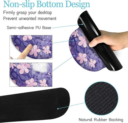 LIMKRIAN Purple Mouse Pad Large Desk Mat Set, Kawaii Cat Computer Mouse Pad with Wrist Rest Keyboard Wrist Support XXL Mousepad Cup Coaster Set, Cute Purple Office Desk Accessories Cat Decor Supplies