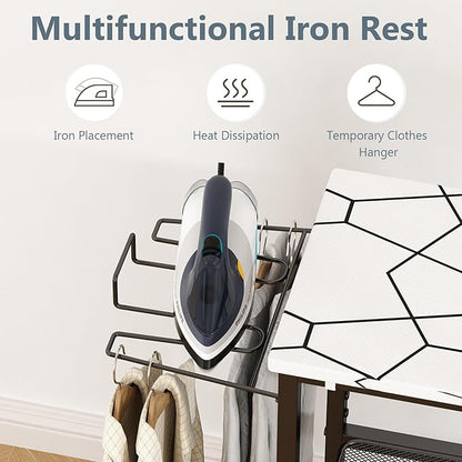 GILLAS Ironing Board with 2 Tier Storage Basket, Movable Ironing Board Full Size for Iron Rest & Clothes, Tabletop Ironing Boards, Ironing Stand Iron Boards Ironing Table Rustic, White