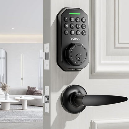 VCHOO Keyless Entry Door Lock Set Smart Locks for Front Door Keypad Door Lock with Handle Auto Lock One Time Password Anti Peeping Password IP54, Black