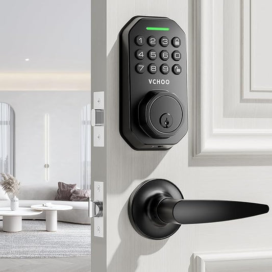VCHOO Keyless Entry Door Lock Set Smart Locks for Front Door Keypad Door Lock with Handle Auto Lock One Time Password Anti Peeping Password IP54, Black