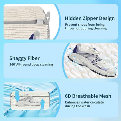 Shoe Washing Machine Bag: Laundry Shoe Bag for Washer and Dryer - 2pc Durable Hidden Zipper Reusable Shoe Cleaning Bag for Sneaker Tennis Shoes, Fluffy Fibers Keep 360° Wrap-around Cleaning