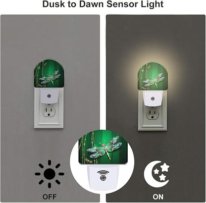 sndheke Green Jewel Dragonfly Night Light for Kids,Luxuxy Gold Dragonfly Night Light Plug in with Dusk to Dawn Sensor,0.5w Energy Saving Sleep Friendly Nightlight for Hallway Stairway Kitchen Bedroom