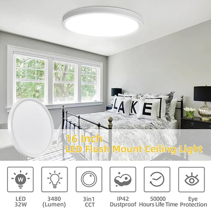 RLEDPZTX Led Flush Mount Ceiling Light,16 Inch 32w 3480lm,3000k/4000k/6000k 3CCT Selectable, Round Modern Flat Panel Super Slim Led Ceiling Light,for Living Dining Kitchen Bedroom Room (1Pack-White)