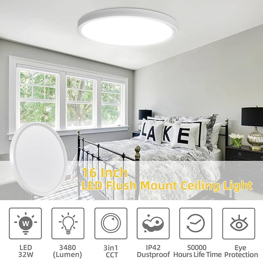 RLEDPZTX Led Flush Mount Ceiling Light,16 Inch 32w 3480lm,3000k/4000k/6000k 3CCT Selectable, Round Modern Flat Panel Super Slim Led Ceiling Light,for Living Dining Kitchen Bedroom Room (1Pack-White)