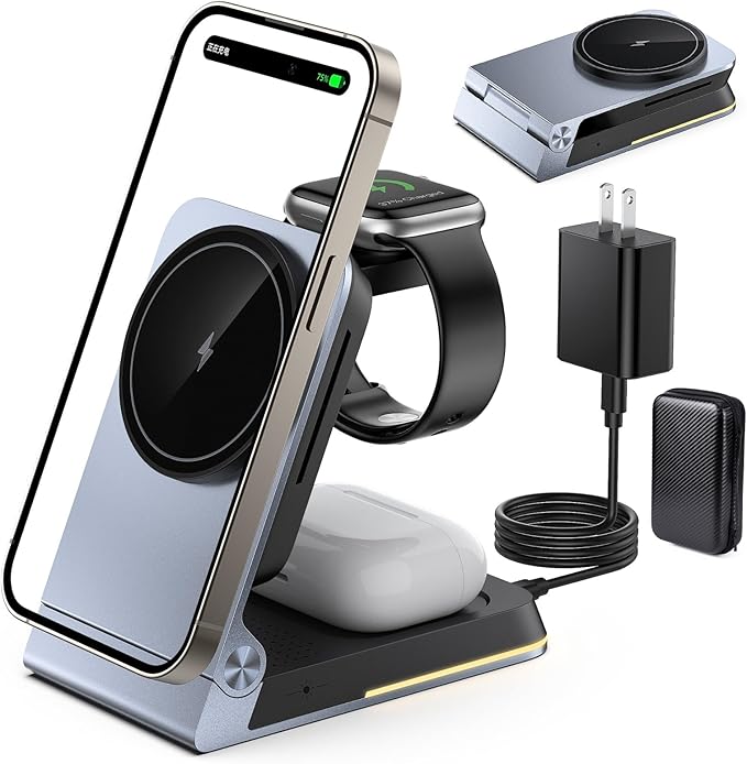 Aluminum 3 in 1 Wireless Charging Station,Foldable Wireless Charger for Apple Magsafe with Light,Portable Travel Magnetic Charger Stand for iPhone 16/15/14,Watch,Airpod, Include PD 20W Adapter & Case