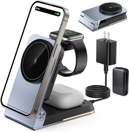 Aluminum 3 in 1 Wireless Charging Station,Foldable Wireless Charger for Apple Magsafe with Light,Portable Travel Magnetic Charger Stand for iPhone 16/15/14,Watch,Airpod, Include PD 20W Adapter & Case