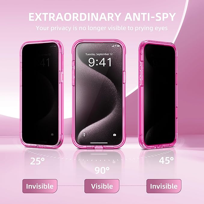 Magnetic for iPhone 15 Pro Case, Compatible with MagSafe, Built-in Privacy Screen Protector and Camera Protection, Anti Spy Full Body Dustproof Shockproof Hard Phone Case 6.1", Bright Pink