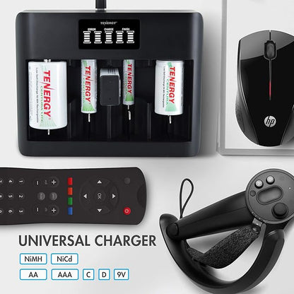 Tenergy TN486U 5-Bay Universal Battery Charger with LCD, Micro USB/Type C Input, for AA, AAA, C, D, and 9V Rechargeable Batteries