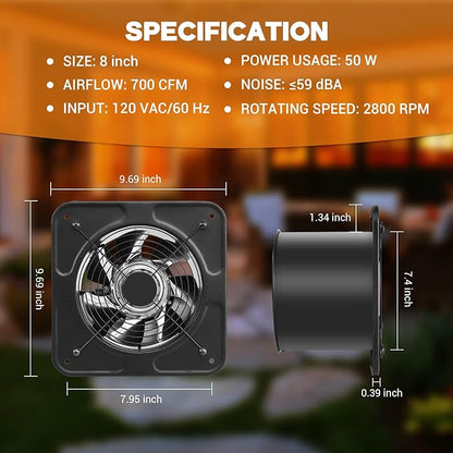YOZON 8-Inch Kitchen Exhaust Fan with Switch, 700CFM Garage Exhaust Fan, Ventilation Fan with Backdraft Damper for Attic, Workshop, Window, Smoking Room